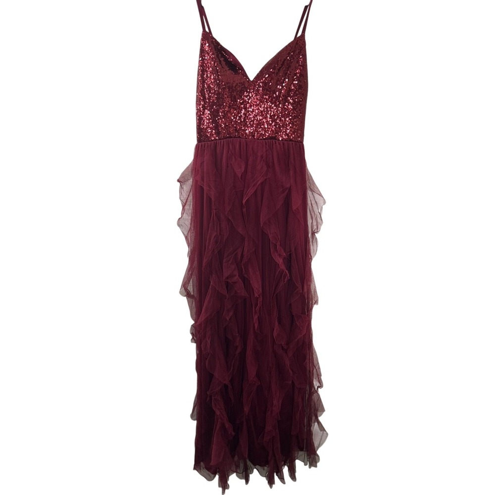 Speechless Sequin Tulle Maxi Dress 9 Burgundy‎ Ruffle Corset Back Prom Gala Gown